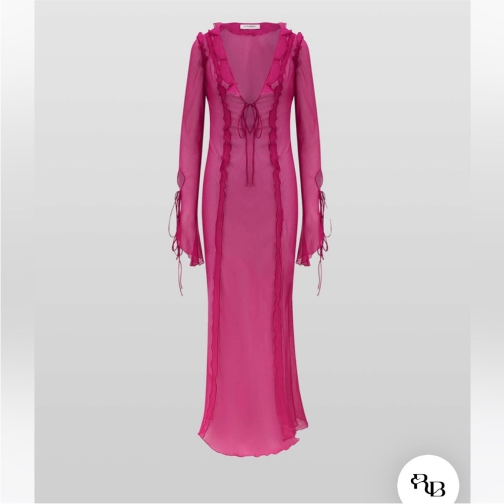 Worn once. Sheer maxi rat and boa cover up in hot pink super cute and feminine!